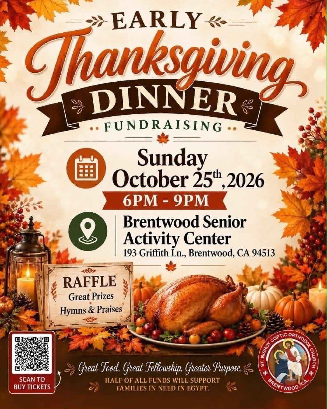 Early Thanksgiving Dinner flyer: Sunday, October 25, 2026, 6PM to 9PM, Brentwood Senior Activity Center
